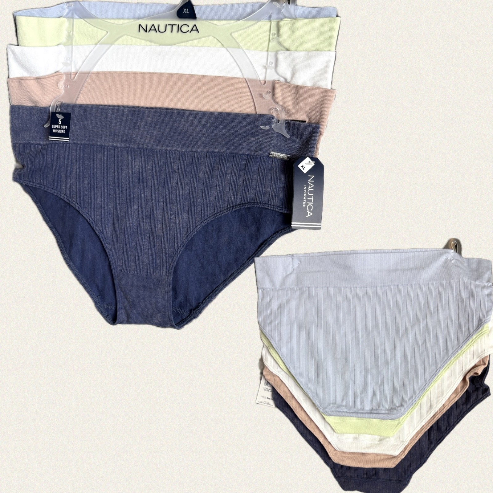 Nautica XL Assorted Colors Striped Ribbed Pattern Seamless Hipster Panties-5 Pk