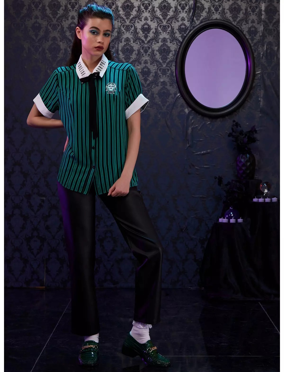 Disney Her Universe Haunted Mansion Leota Stripe Button Up Shirt Size Large NWOT