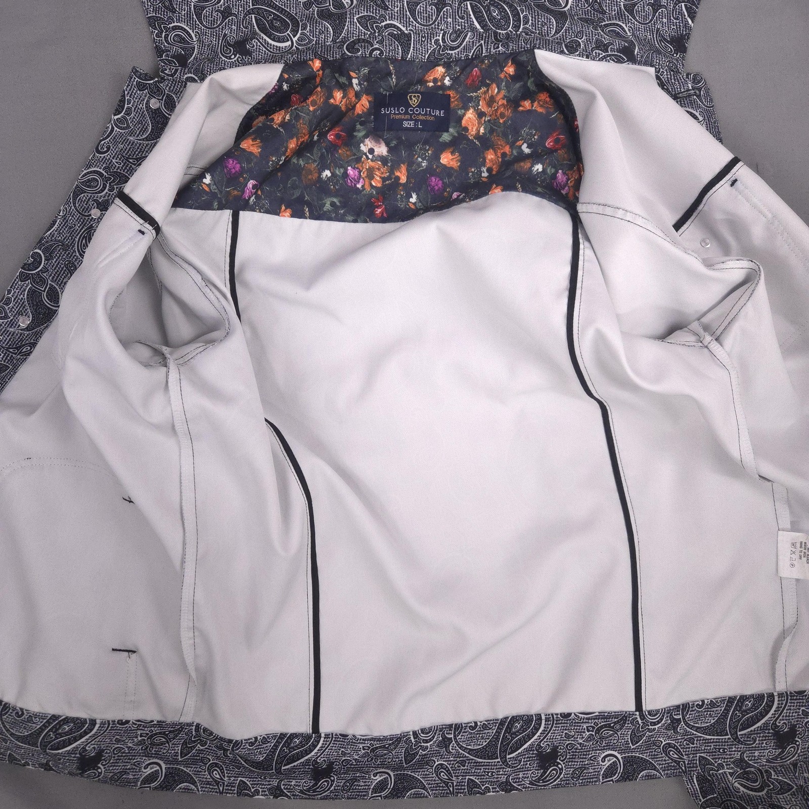 Suslo Couture Jacket Men L Black Paisley Utility Field Coat Elbow Pads Statement