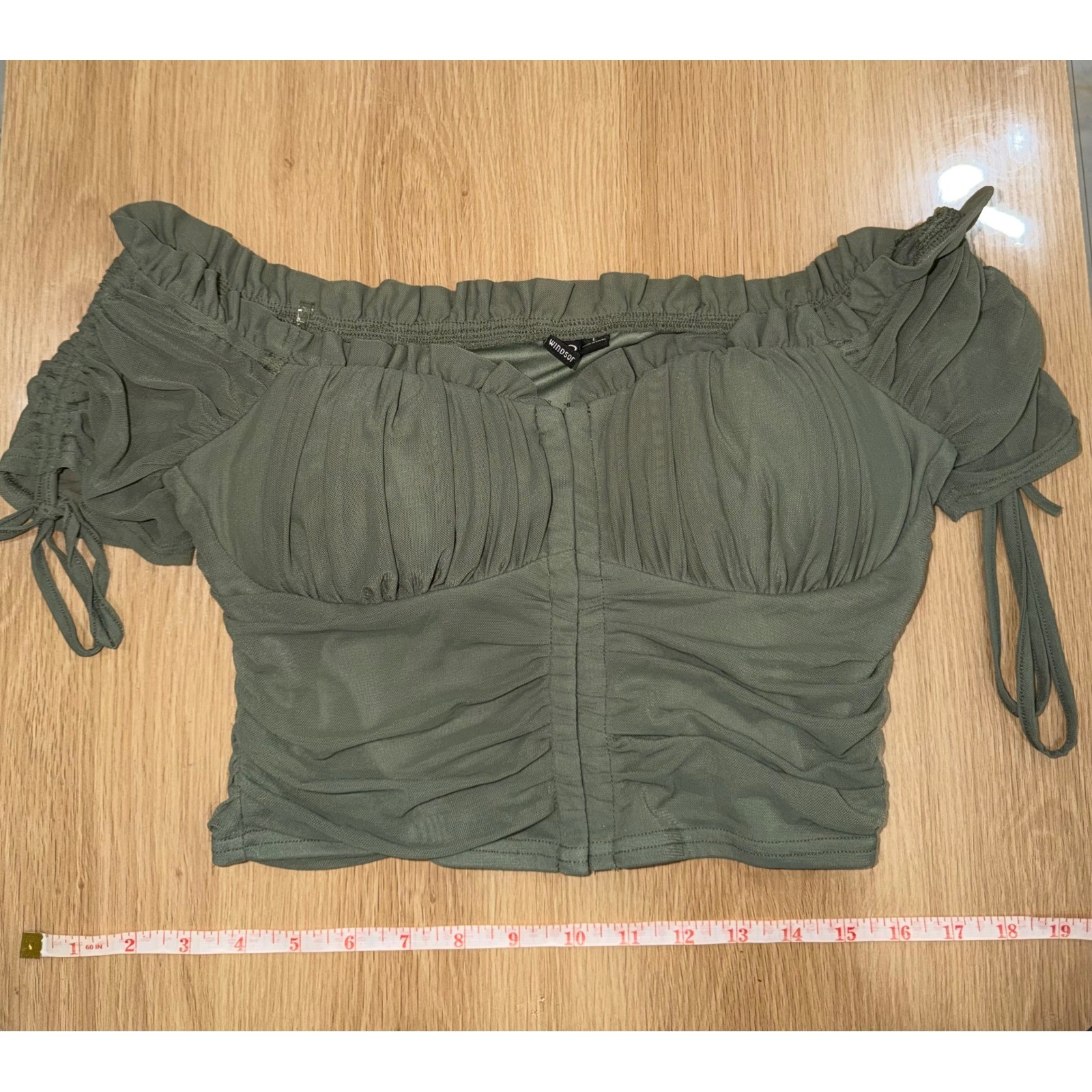 Windsor Sage Green Mesh Ruched Off Shoulder Crop Top