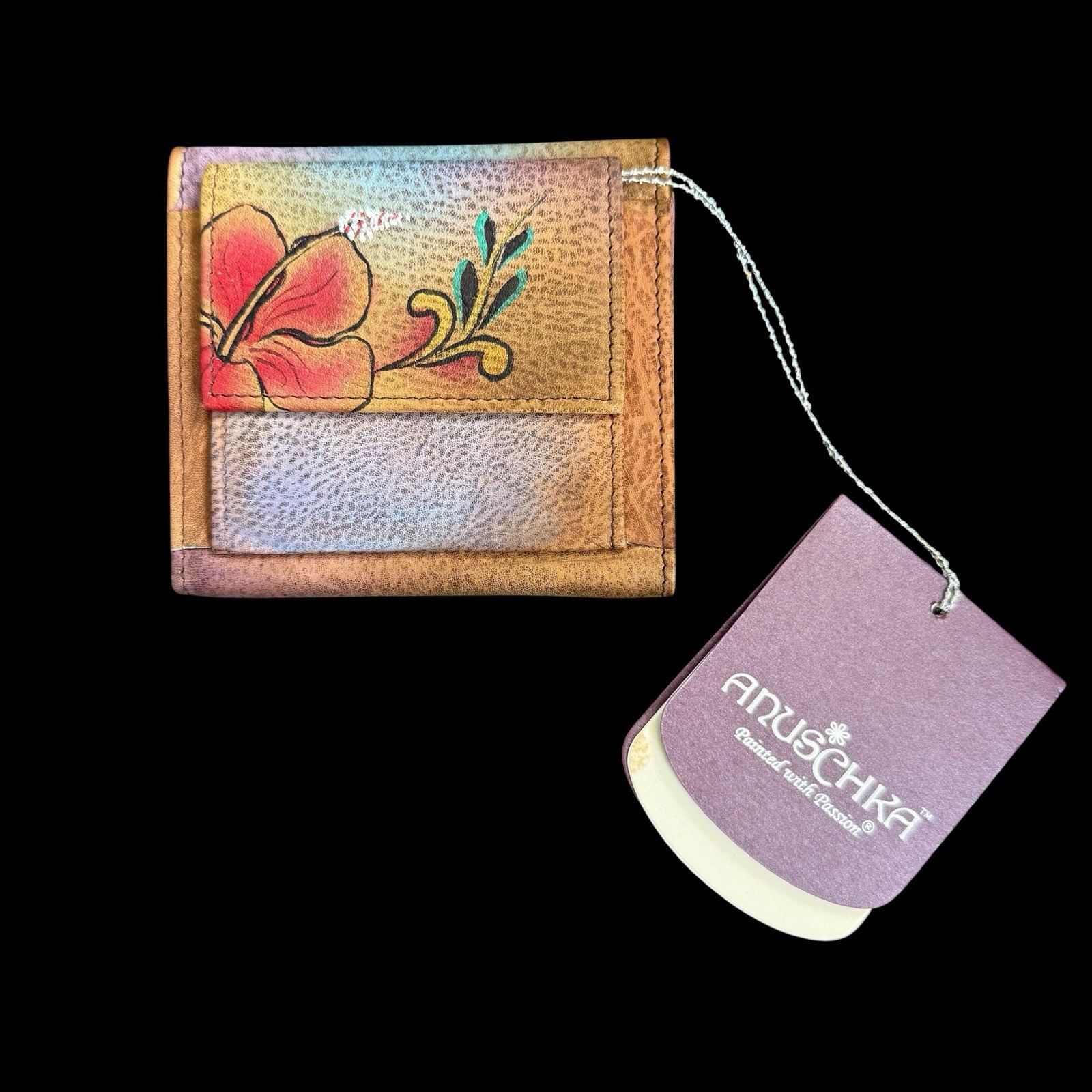 Anuschka Leather Tri-Fold Wallet Hand Painted Southwestern Tribal Colorful