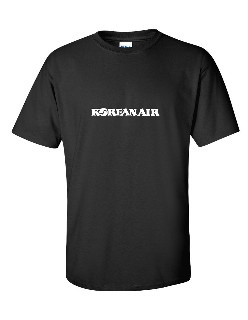 Korean Air White Logo Retro Asian Aviation Airline Black Cotton T-shirt