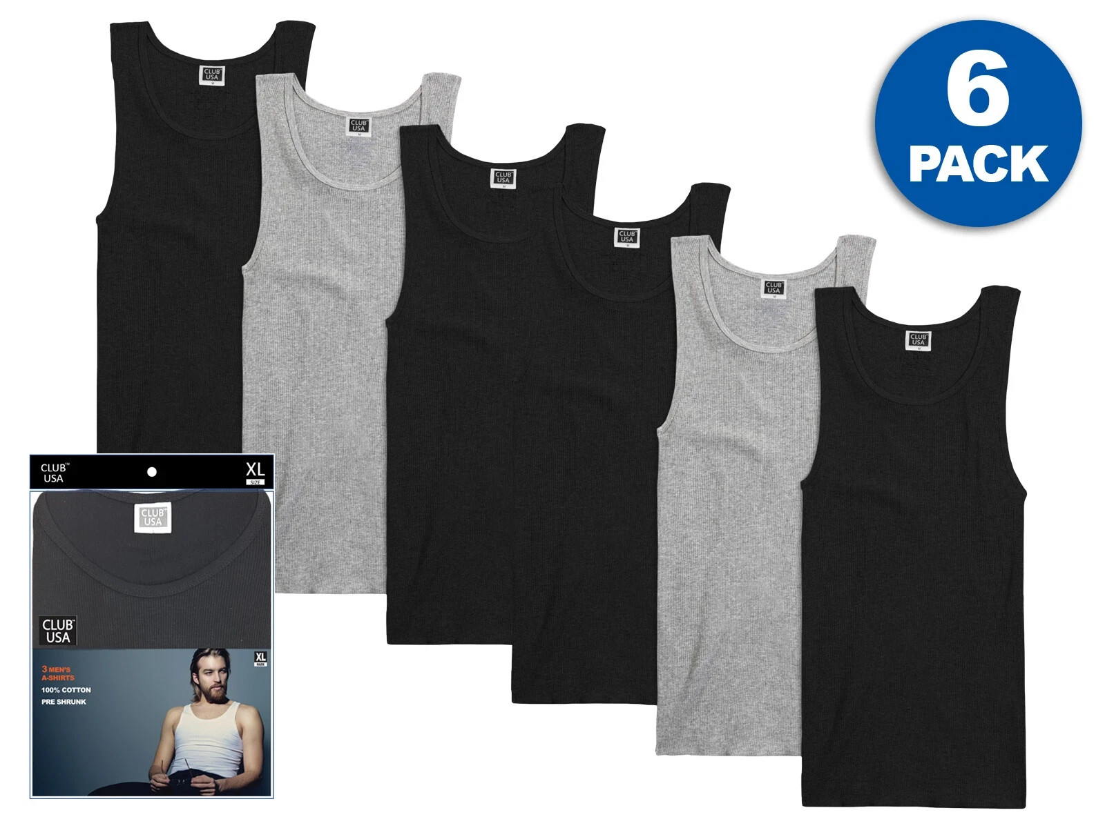 6 Pack – Men’s Black and Gray Ribbed Tank Tops 100% Cotton A-Shirt Undershirt