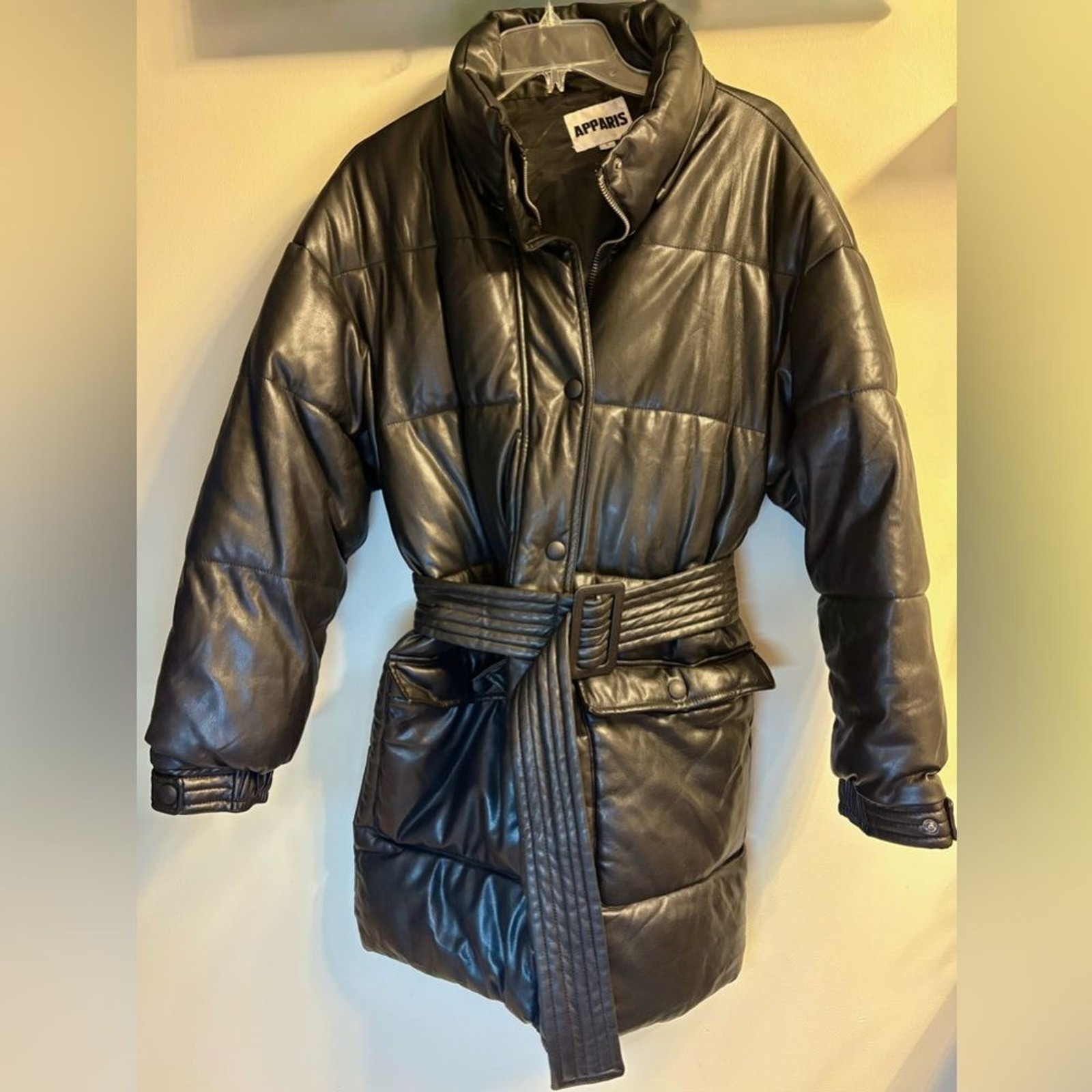 Warm Puffy Belted Black Coat Removable Hood Snap and Zipper Closures Size S