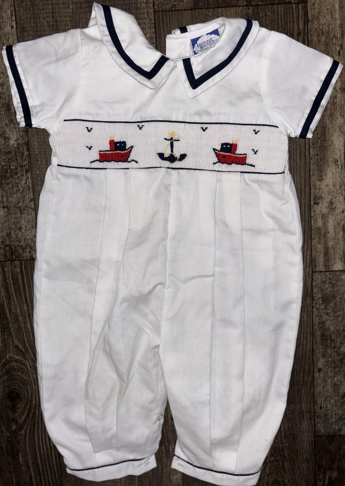 Carriage Boutiques White Nautical Smocked Embroidered Navy Anchor Ship Romper