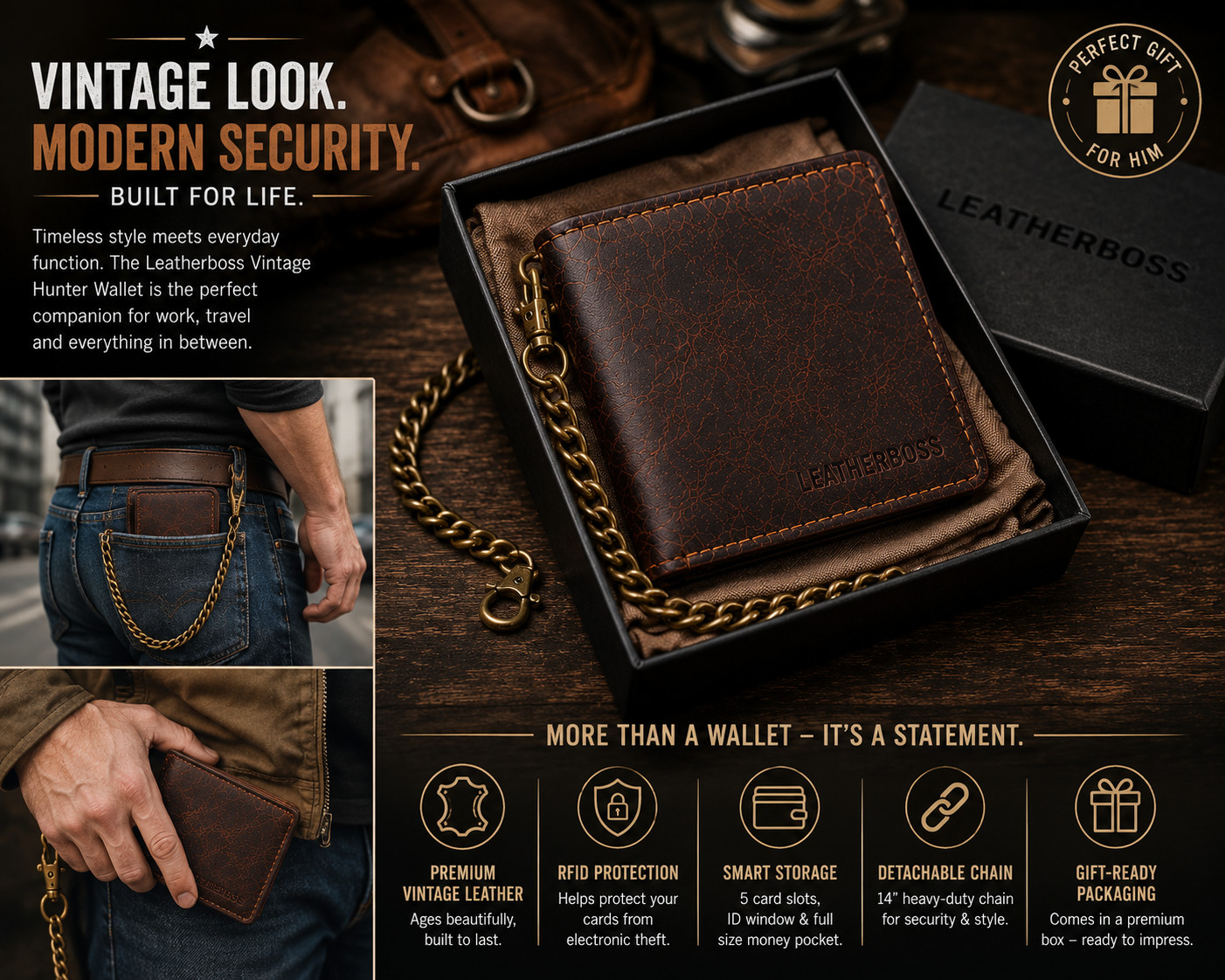 Men’s Genuine Hunter Leather Biker Long Chain Wallet with RFID Blocking Bifold