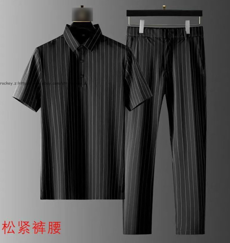 New Summer Ice Silk Mens T-Shirt+Pants Sets Short Sleeve Stripe Thin Outfits Set
