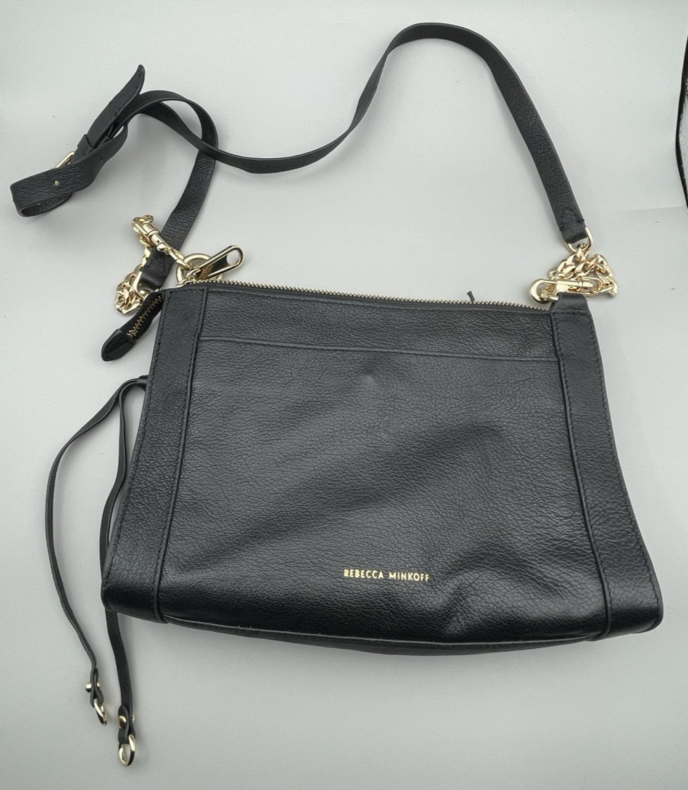 Rebecca Minkoff Women’s M.A.B. Crossbody Gold Studs Pebbled Black Leather Purse