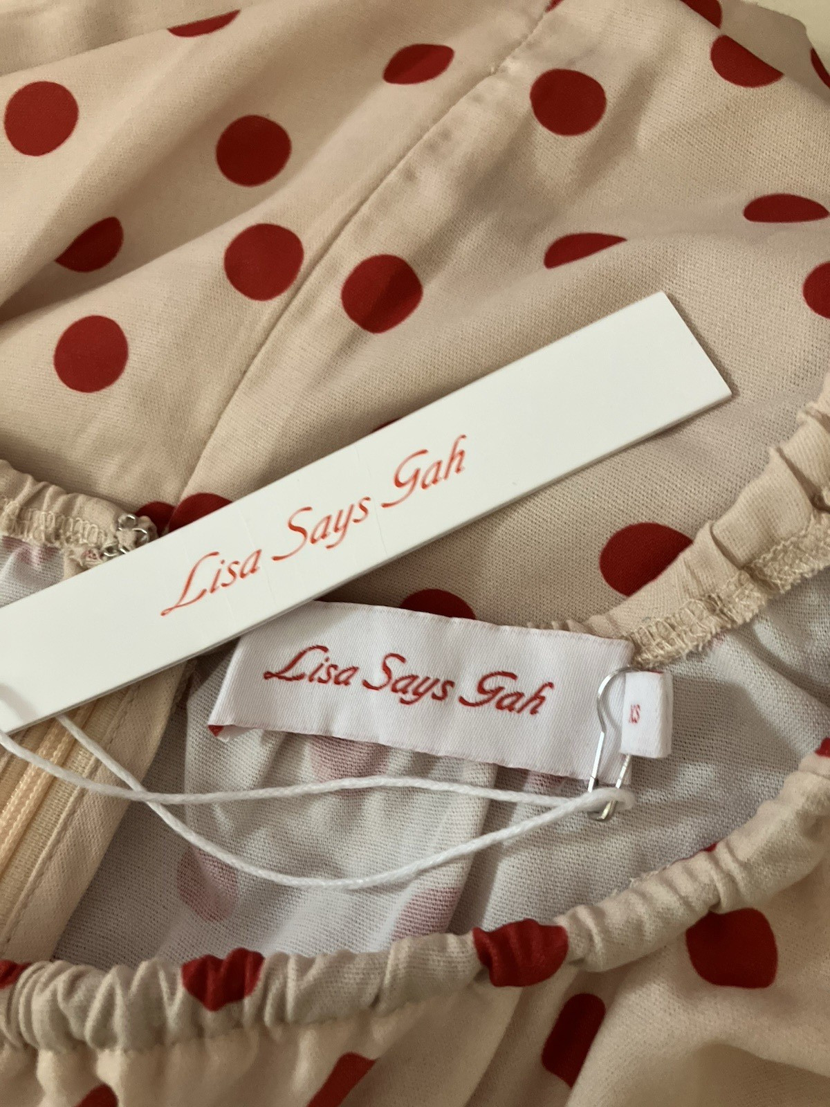 NWT’s LISA SAYS GAH THE SUZY DRESS Polka Dot Beige/Red Mini Designer SZ XS