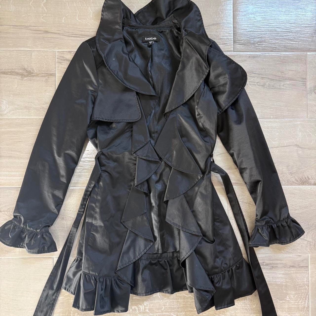 bebe Shiny Ruffle Trim Black Shirt Trench Coat Small Tie Waist Hook Close