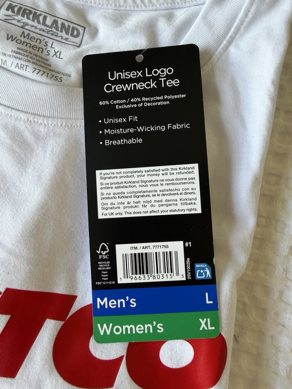 Costco Kirkland Signature Unisex Logo Crewneck Tee, White, Men’s L Women’s XL