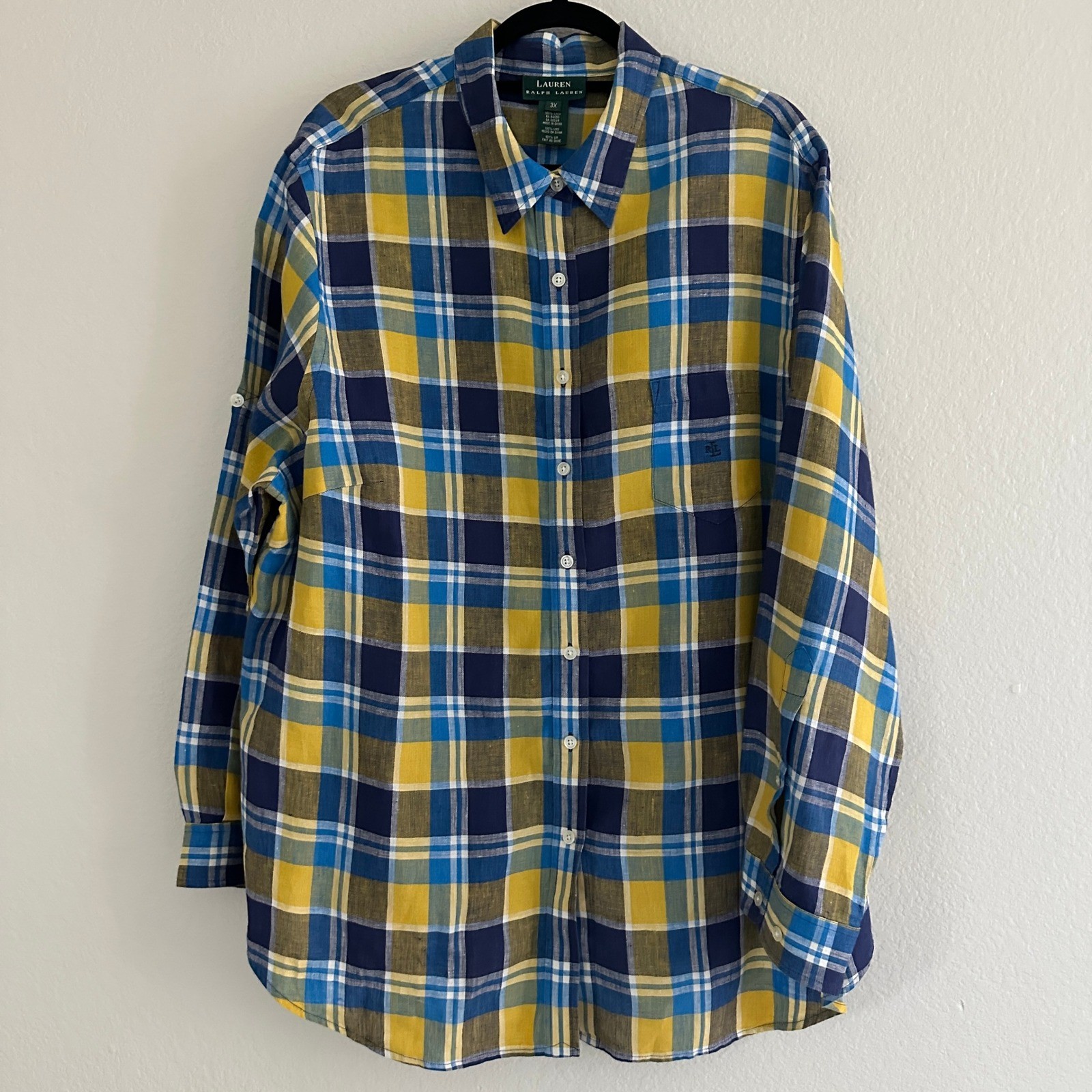 Lauren Ralph Lauren Linen Shirt Womens 3X Blue Yellow Plaid Roll Tab Button Up