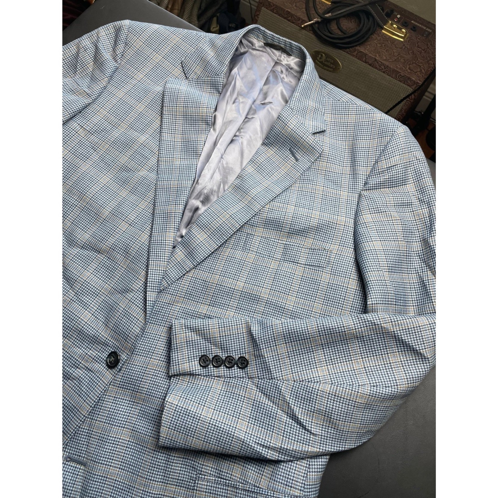 Tom James Blazer 46R Blue Brown Houndstooth Plaid Corporate Image Blazer
