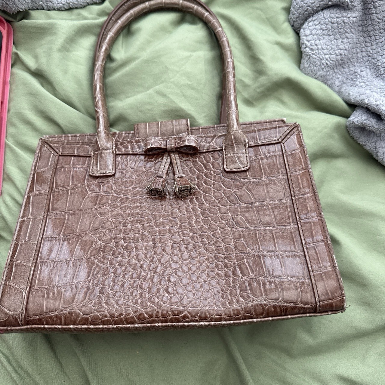 Brown Croc Embossed Satchel Top Handle Bag, Double Handles, Tassel, Medium