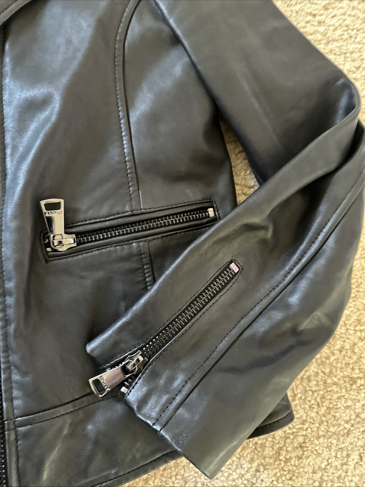 NWT DKNY Leather Moto Jacket W/Zippers. Size XL Comes In Original Plastic