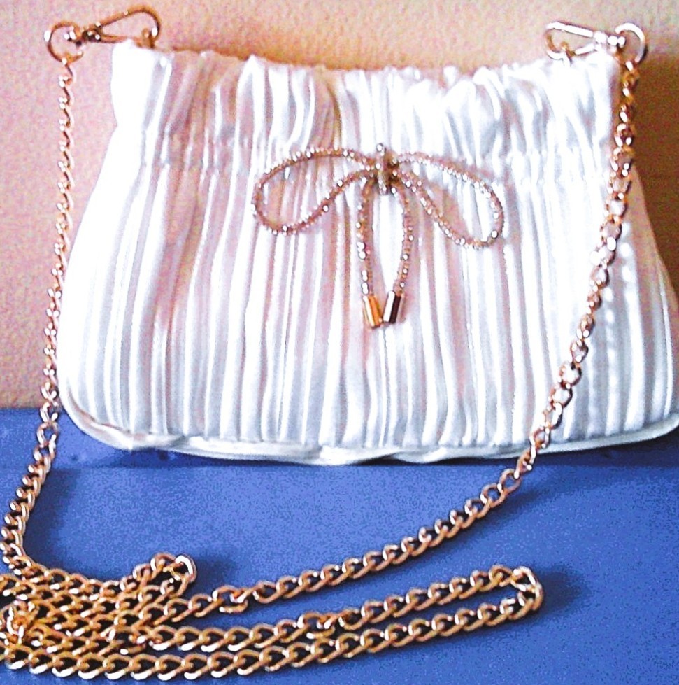 2025 LC Lauren Conrad White Pleated Clutch/Crossbody Purse, Rhinestone Bow, NWOT