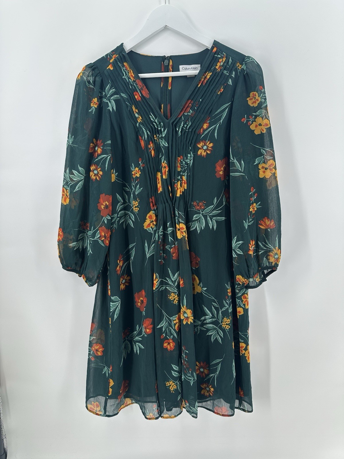 Calvin Klein Womens Green Floral Print Chiffon Wear To Work Dress Size 10 AC16
