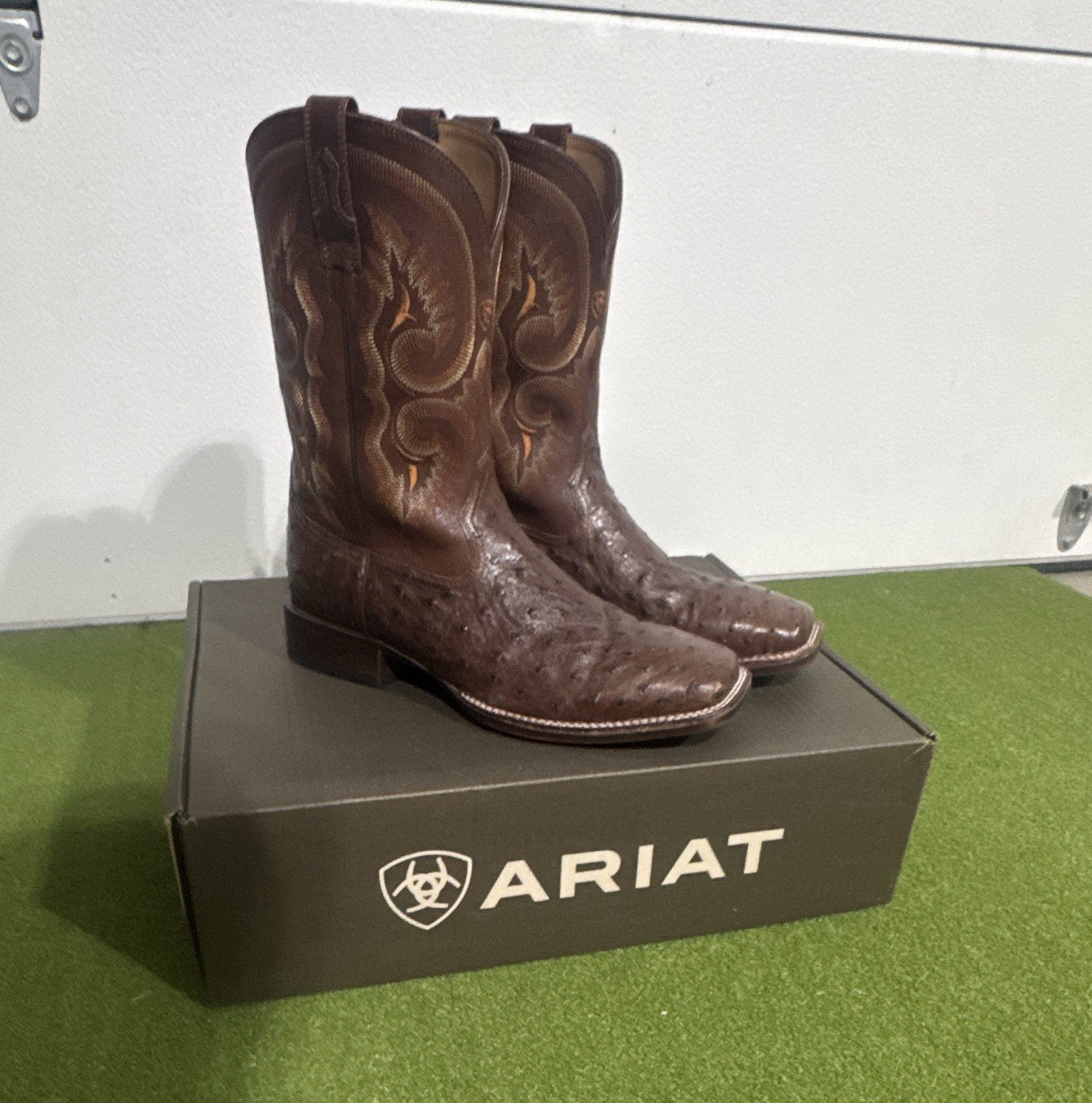 Ariat Barley Ultra Ostrich Men’s Western Boots Brown Leather Square Toe 11 D