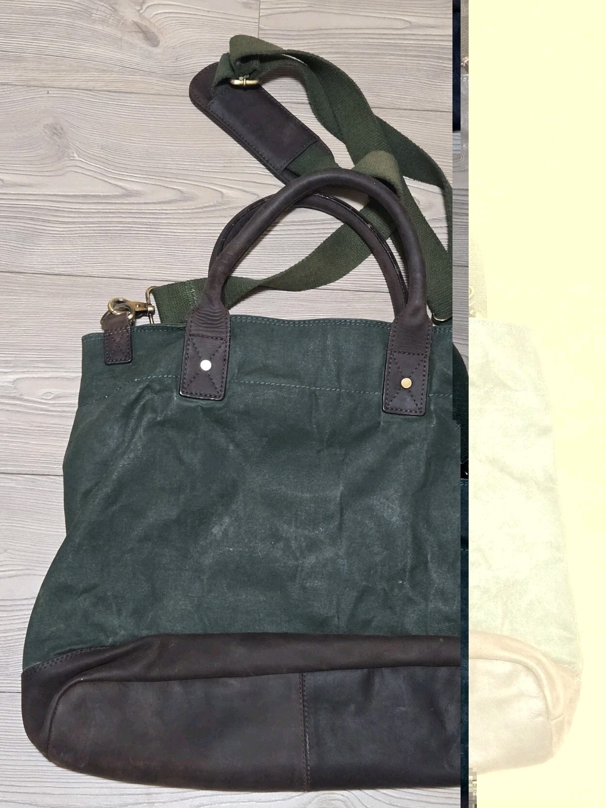 Waxed Canvas Tote Bag Leather Handles Forest Green Medium Size Lined 15″x16″