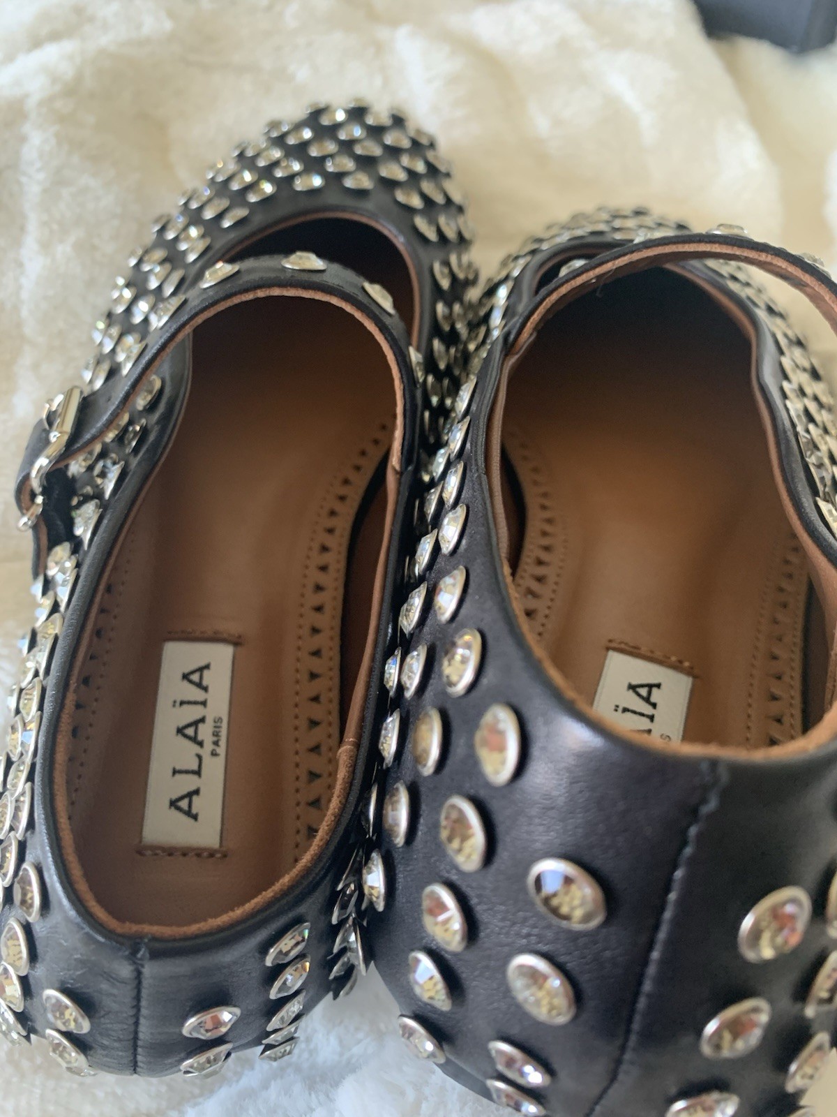 Alaia Mary Jane Strap Leather Rhinestone Crystal Ballet Flat Size 40 US 9 Black
