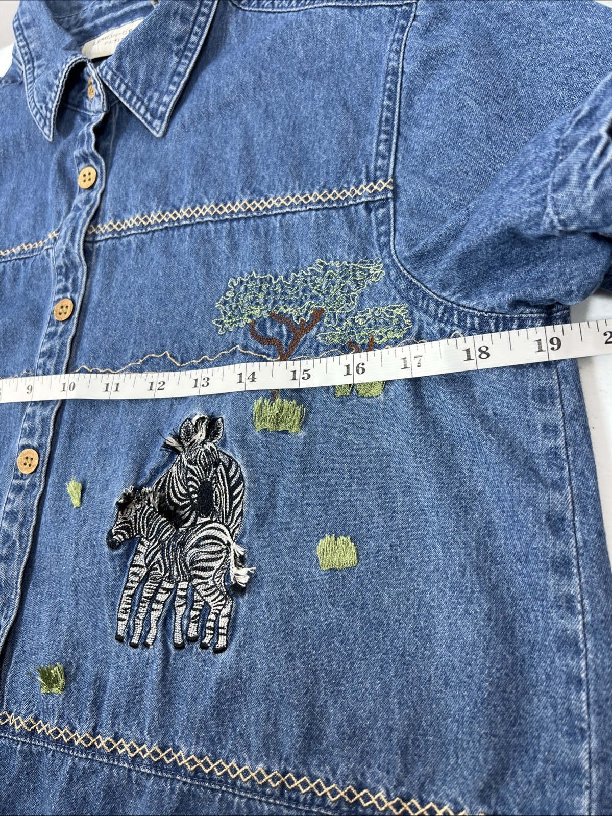 Vintage Lemon Grass Safari Denim Blouse Lion Zeba Embroidery Size Petite Medium