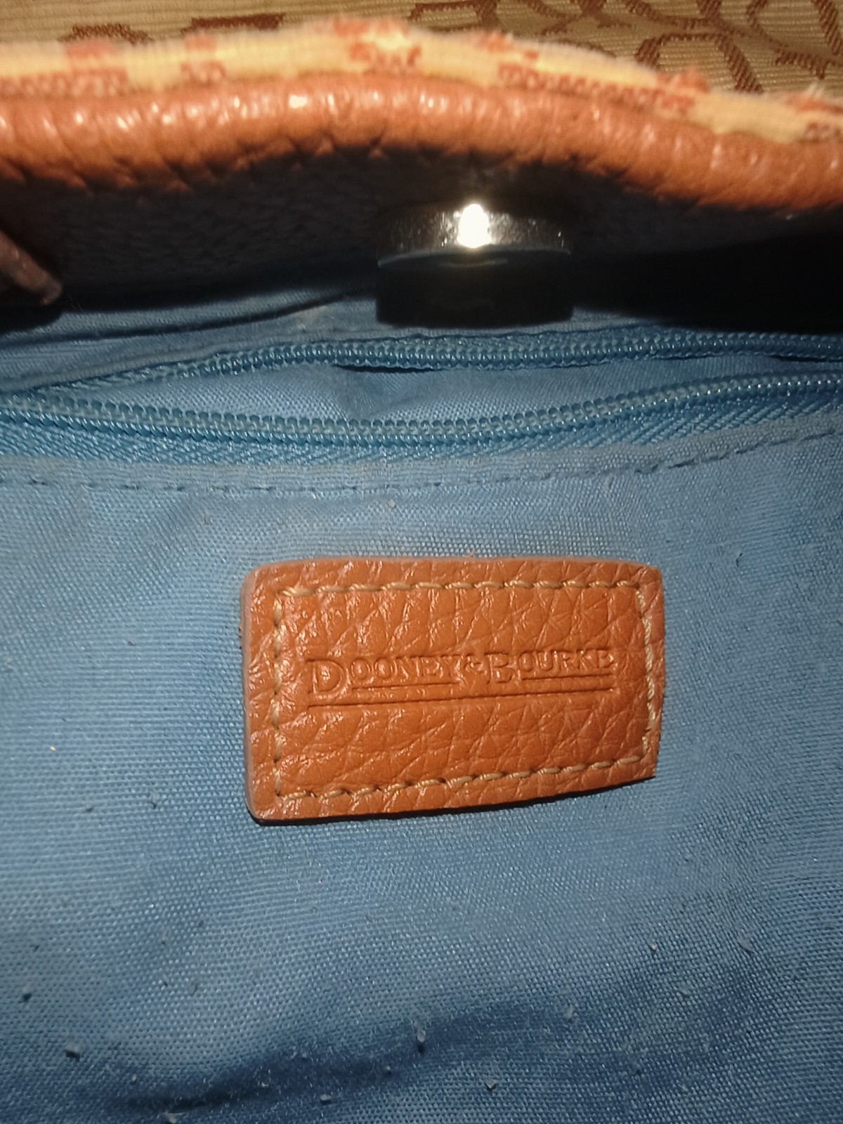 Dooney & Bourke Logo Satchel Top Handle Beige Brown Strap Blue Lining Gold