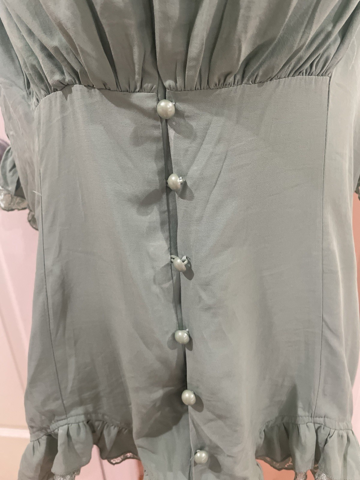 NWT Scarlet Darkness Sage Green Gothic Cowl Neck Lace Cuff Back Corset Blouse XL
