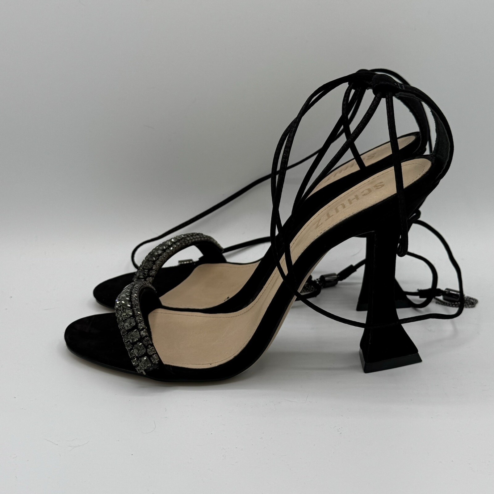 Schutz Bellin Crystal Detail Ankle Wrap Chain Tassels Sandal Sz 8 Black Nubuck