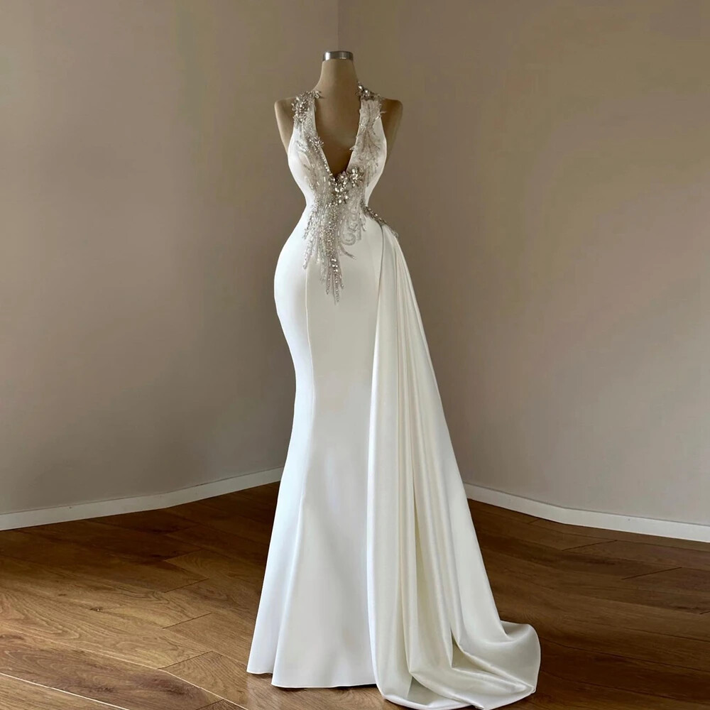 Luxury Beaded Mermaid Evening Dress V-Neck Sleeveless Satin Bride Train-