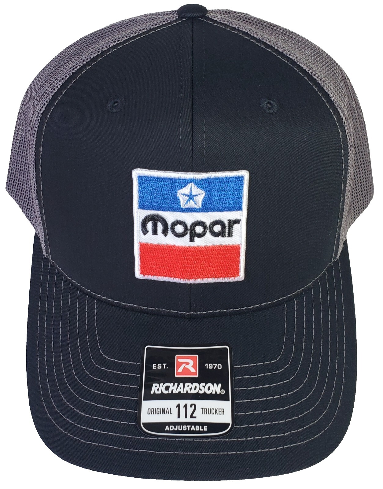 Mopar Embroidered Patch on Richardson 112 Trucker Hat Snapback Black/Charcoal