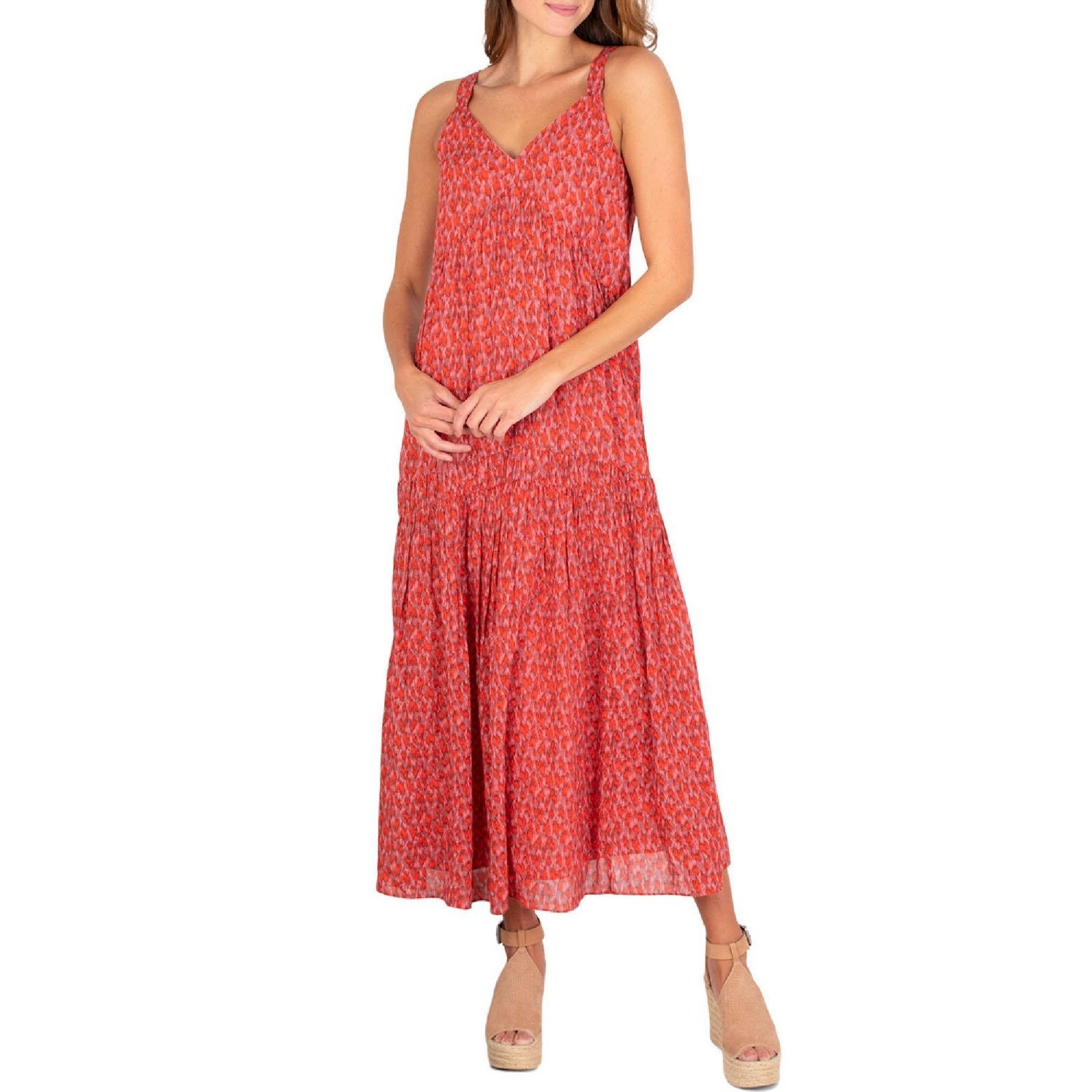 Joie Women’s Tiered Sleeveless Maxi Dress, 100% Cotton Easy Care, Tea Rose Red