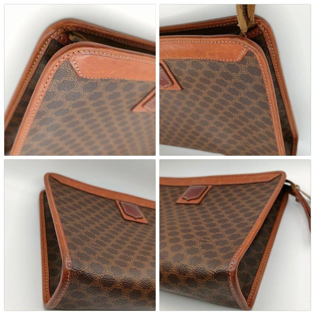 CELINE Macadam Vintage Brown Leather Clutch Bag Unisex Gold Zip From Japan