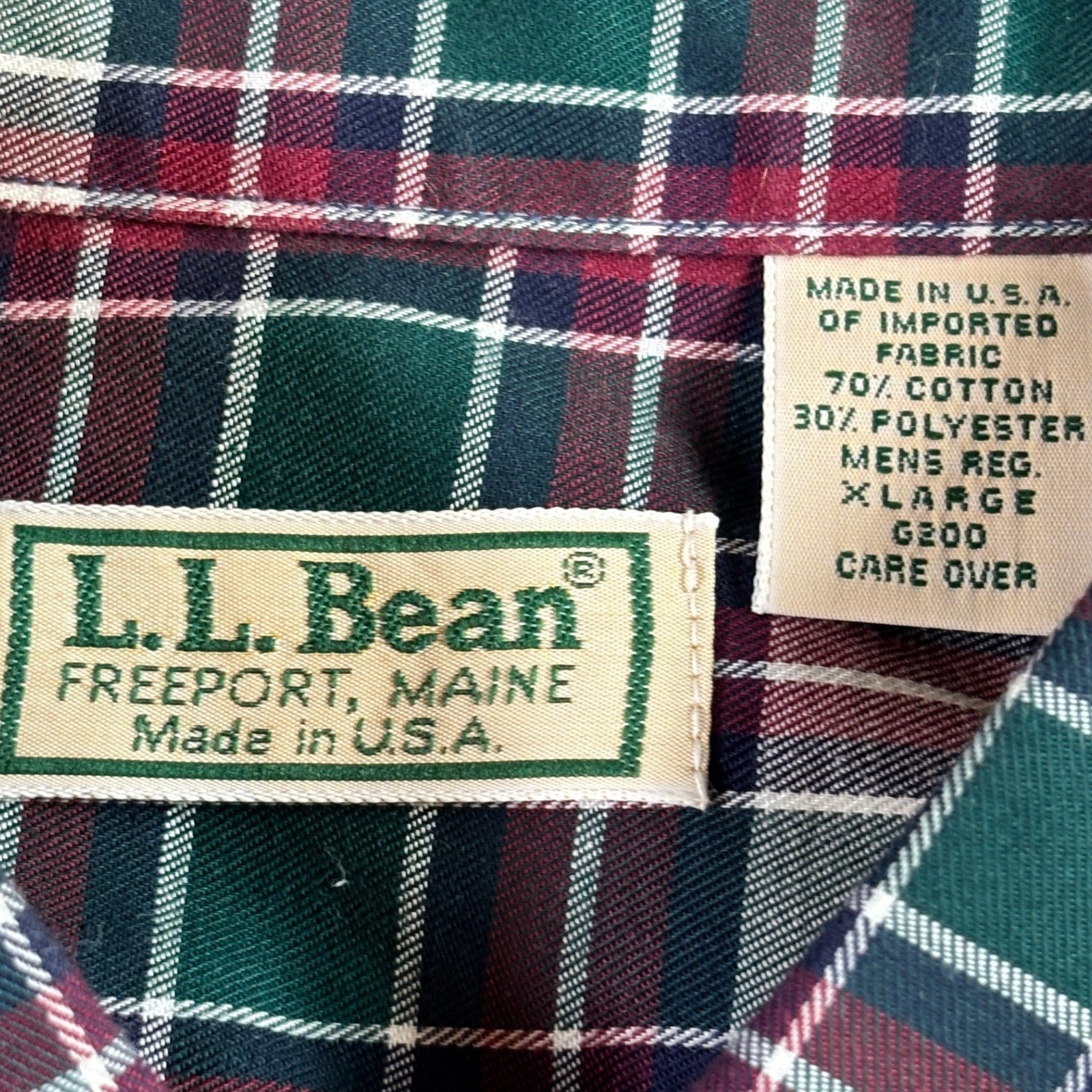 LL Bean Mens XL Plaid Button Down Shirt Green Burgundy Made in USA Vintage G200