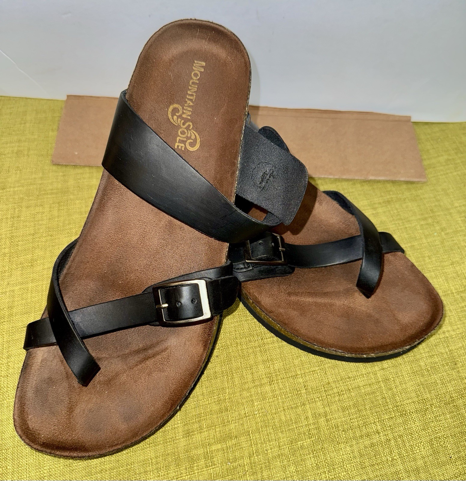 Mountain Sole Ladies Leather Sandals Black Birk Style Toe Loop Buckle Size 10M