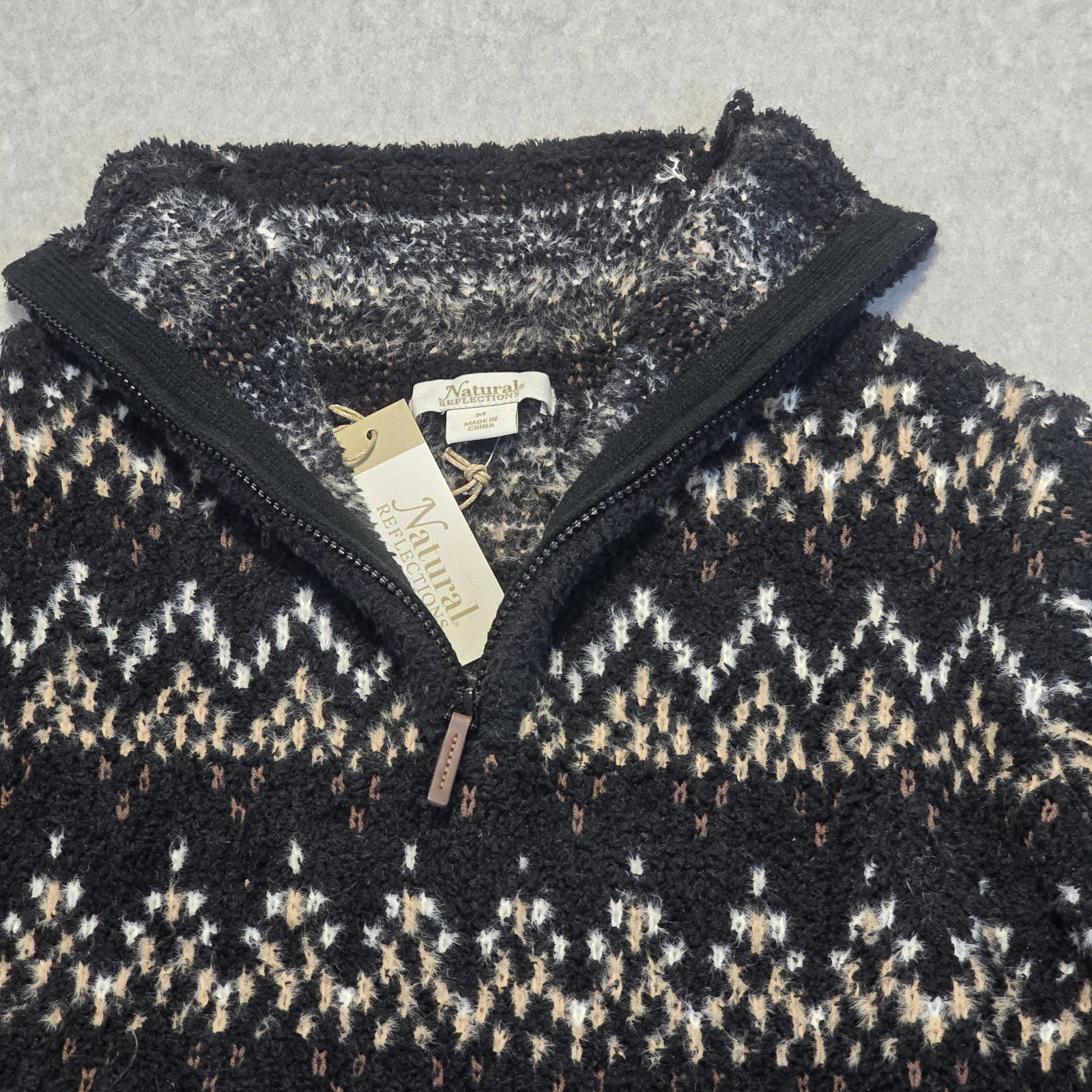 Natural Reflections Quarter Zip Pullover Women M Black Fair Isle Cabin Gorpcore