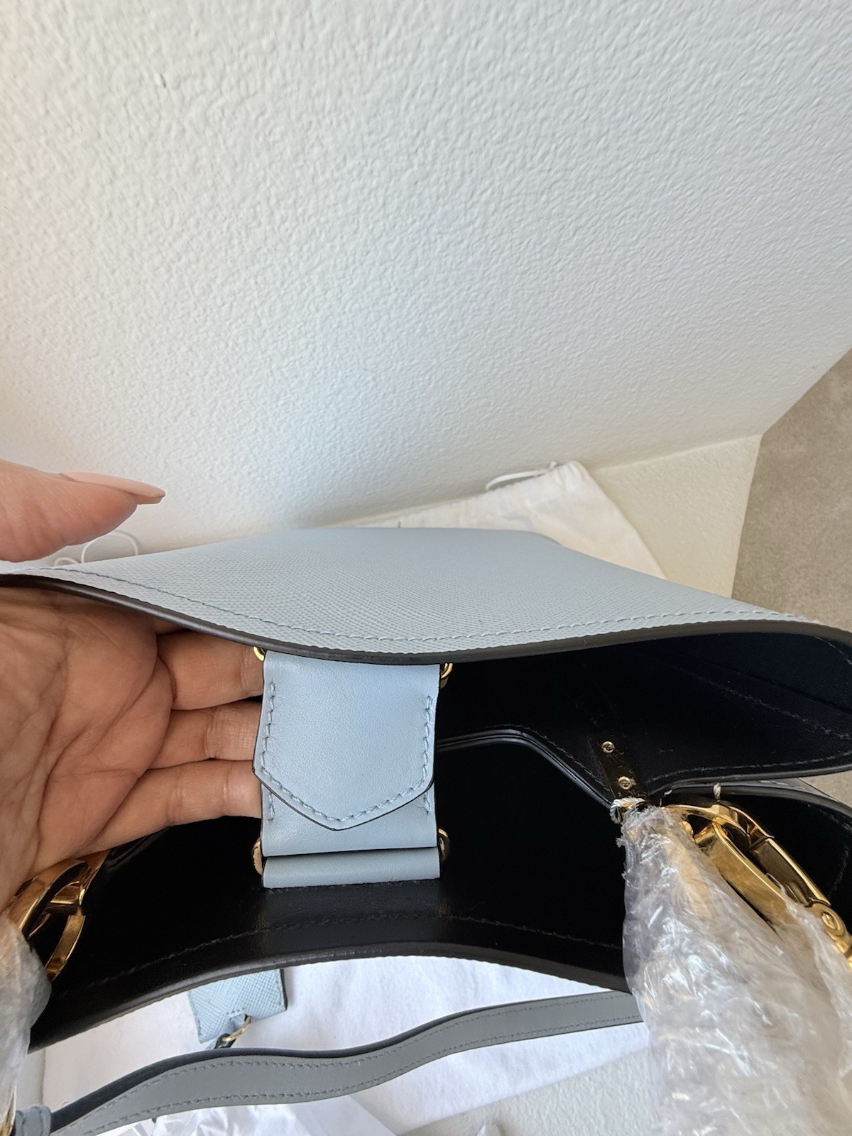 PRADA Light Blue Top Handle Satchel Detachable Strap Dust Bag Gold Hardware