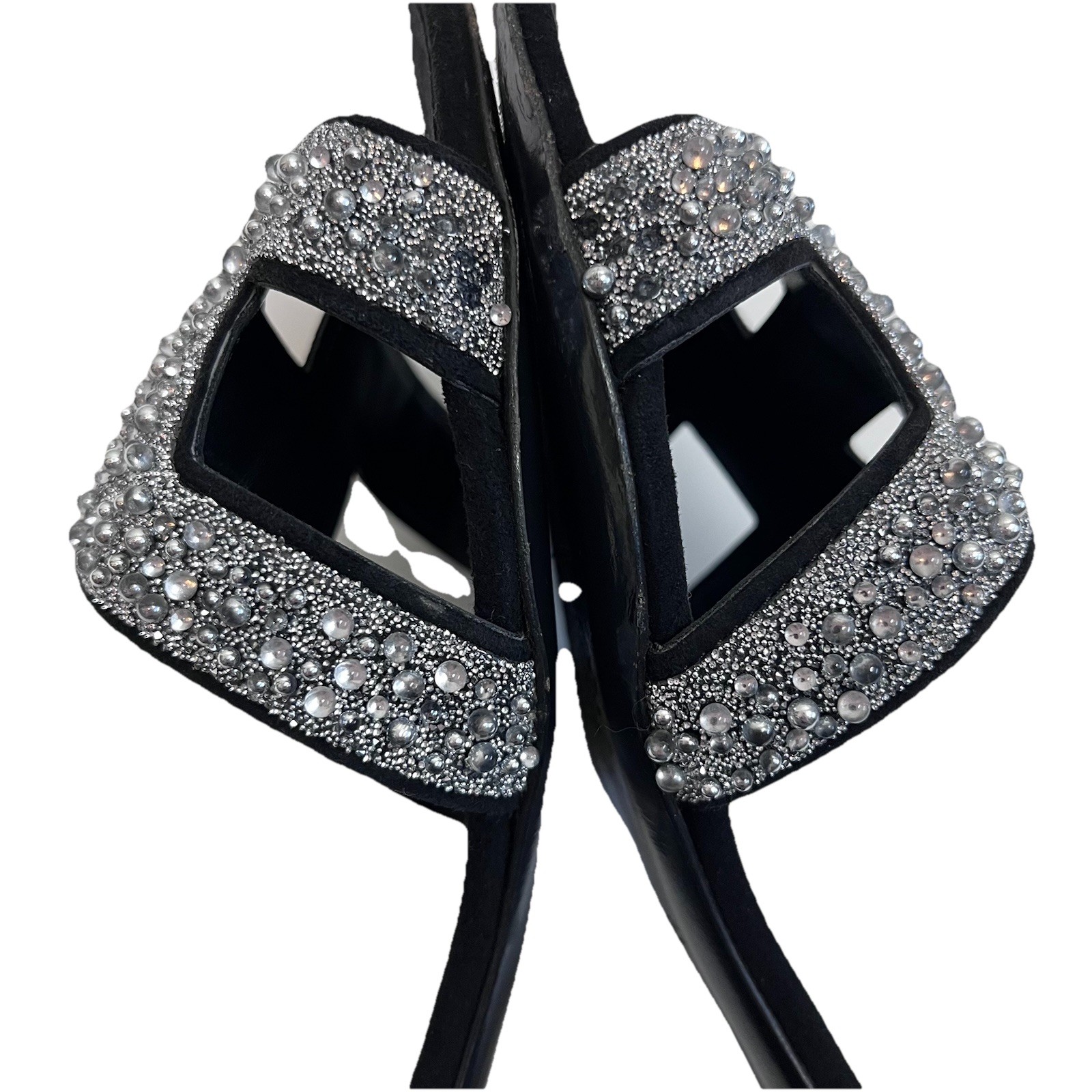 Hermès Oran Crystal Heeled Mule Sandals Black Leather 40 Silver Glitter Heels