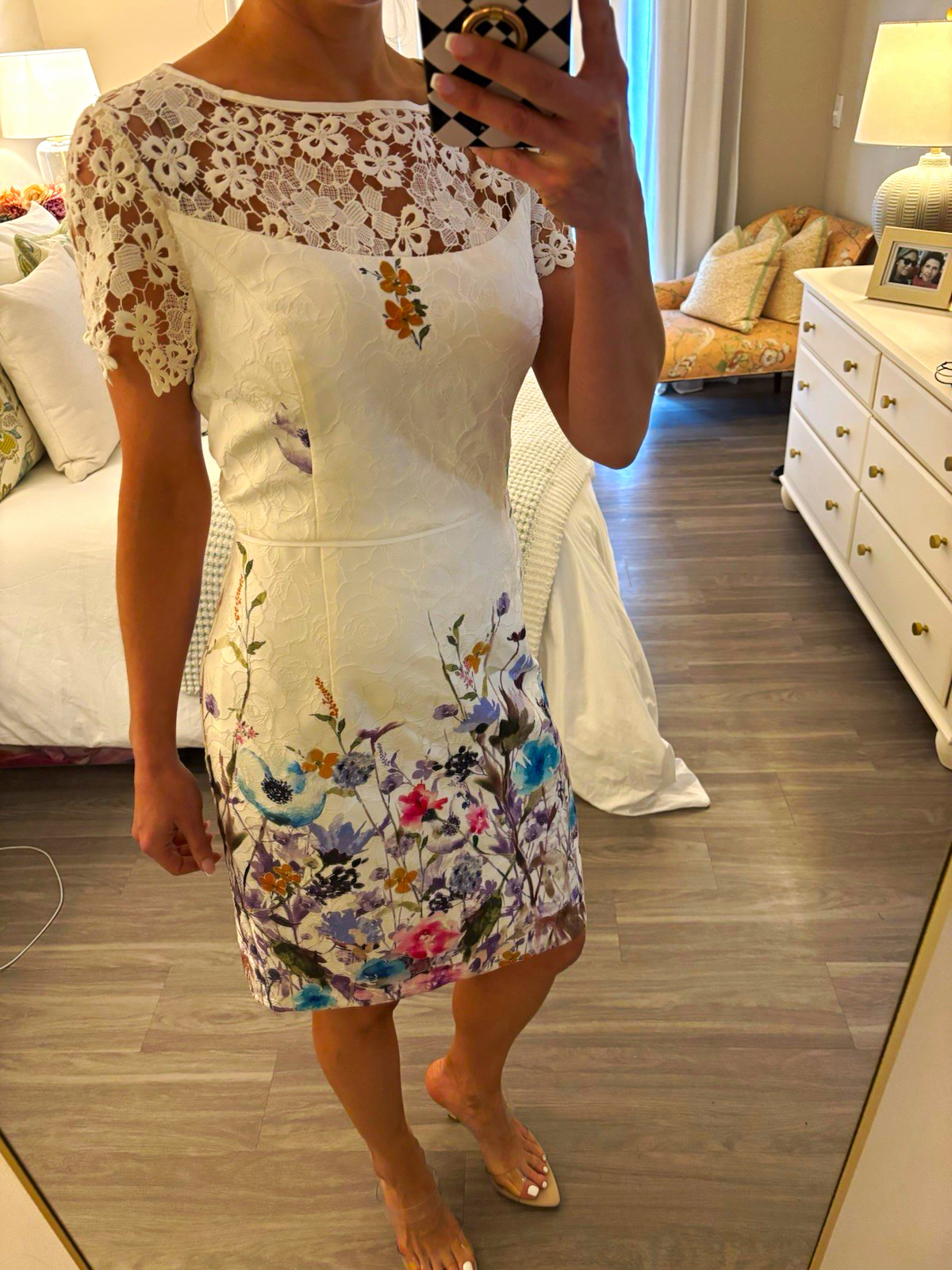 SHANI White/Multicolor Floral Jacquard Lace Sheath Knee Dress SS 8 S-1517