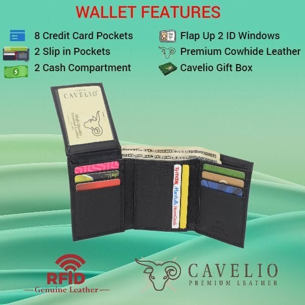 Cavelio RFID Blocking Trifold Cowhide Leather Wallet for Men with Flap Up ID…