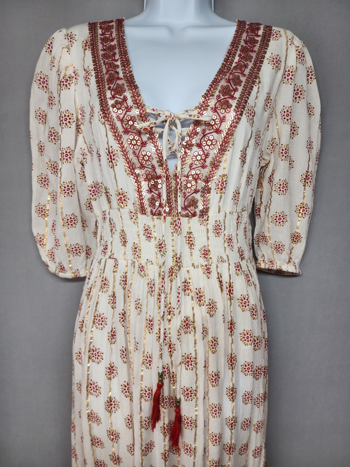 Anthropologie Me 2 Magic Size S Ivory Smocked Boho Maxi Dress Glitter Sequins