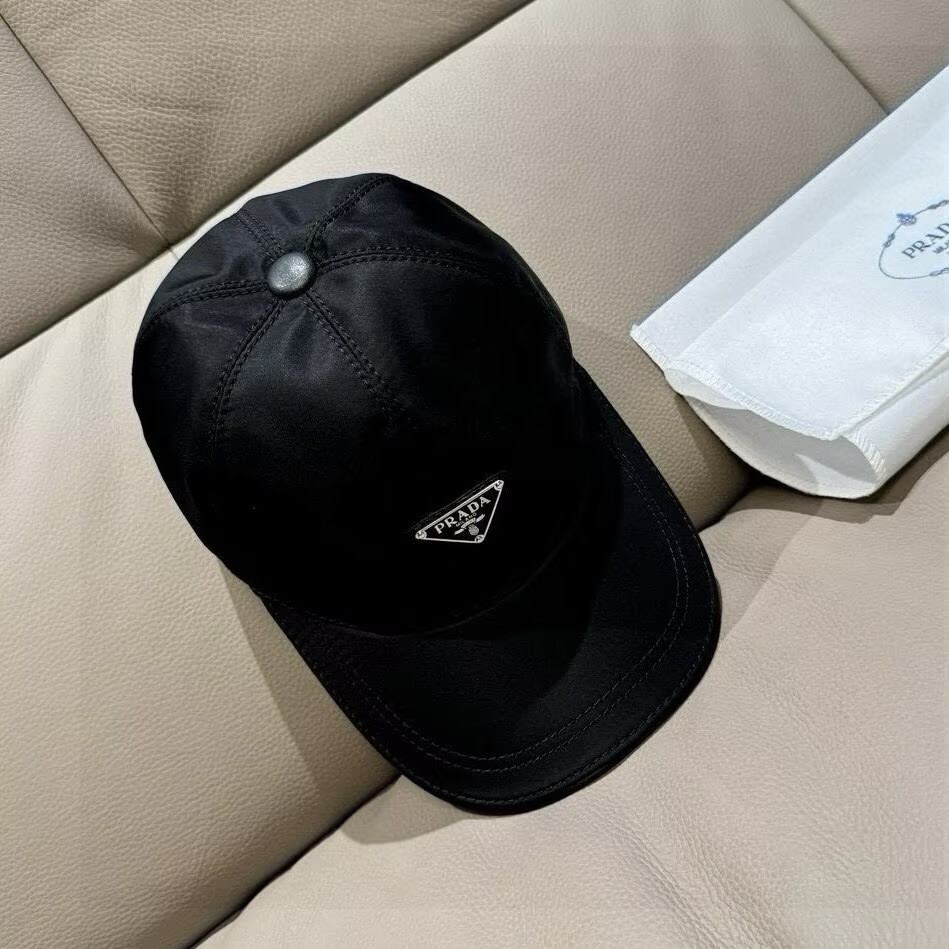 New Prada Triangle Logo Re-Nylon Black Baseball Cap Unisex Hat | Black