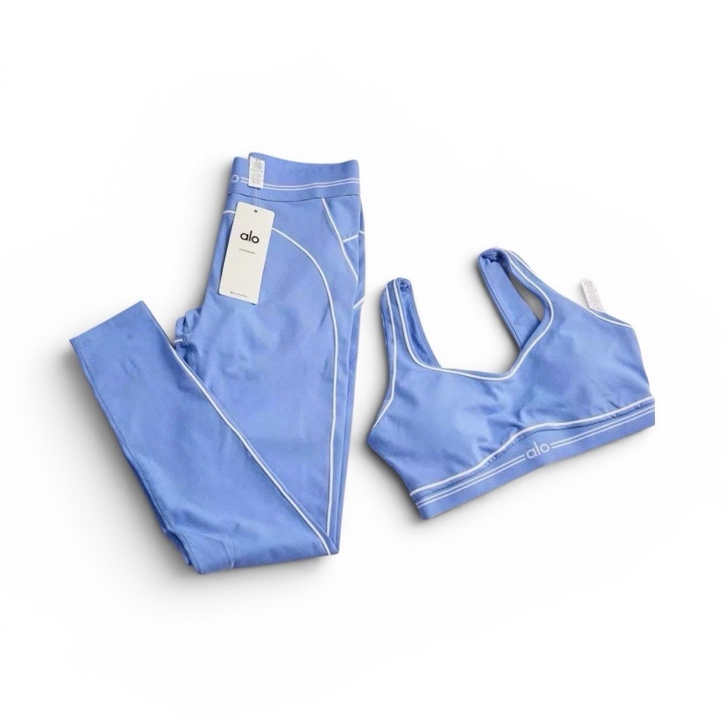 Alo Women’s Blue/White 2-Piece Yoga Set Leggings & Scoop Bra Size S Stretch