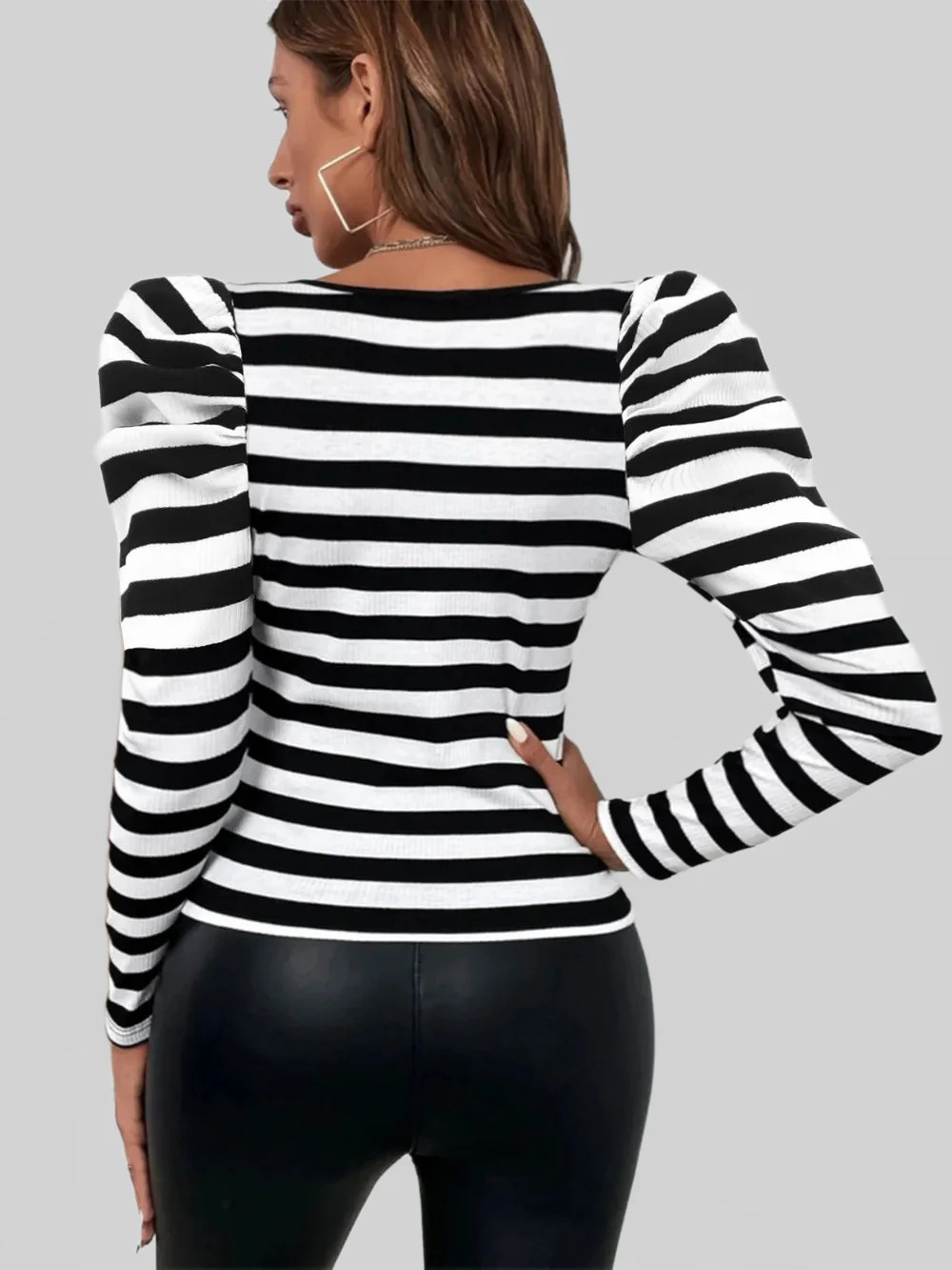 Women Striped Square Neck Puff Long Sleeve T-Shirt
