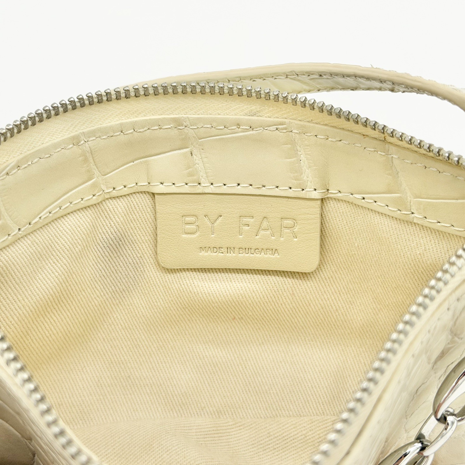 by FAR Mini Rachel Shoulder Bag Cream Crocodile Embossed Leather Chain Strap