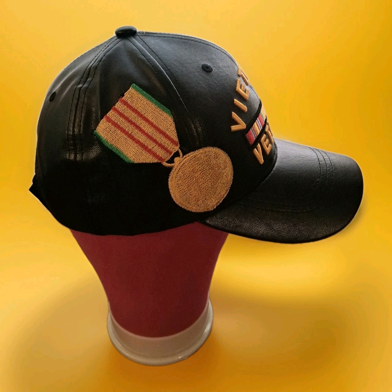 Vietnam Veteran Black PU Leather Baseball Cap Embroidered Adjustable Adult
