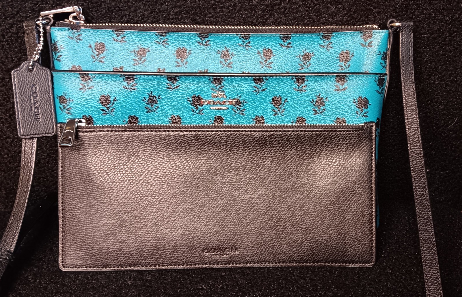 COACH Teal Blue Leather Floral Print w/ Pop Up Pouch Crossbody Bag #F38159 *READ