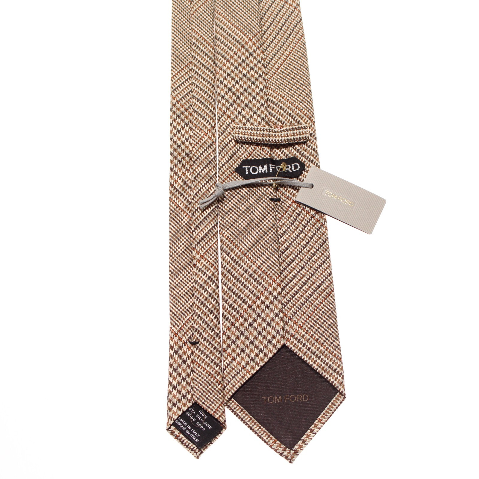 Tom Ford NWT Neck Tie in Beige/Brown/Orange Plaid 100% Silk Made in Italy