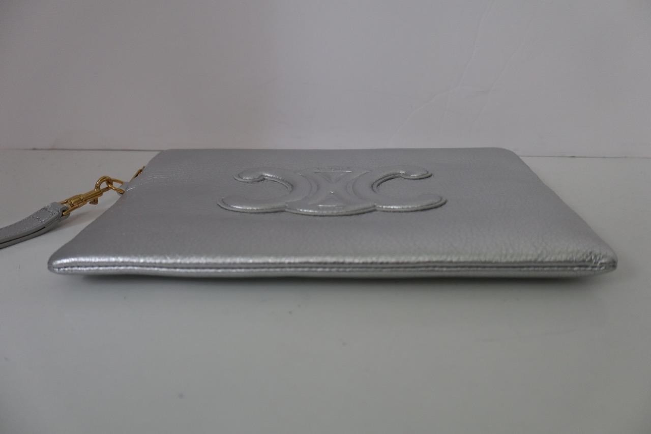 NIB CELINE Silver Leather Pouch/Wristlet Clutch Bag