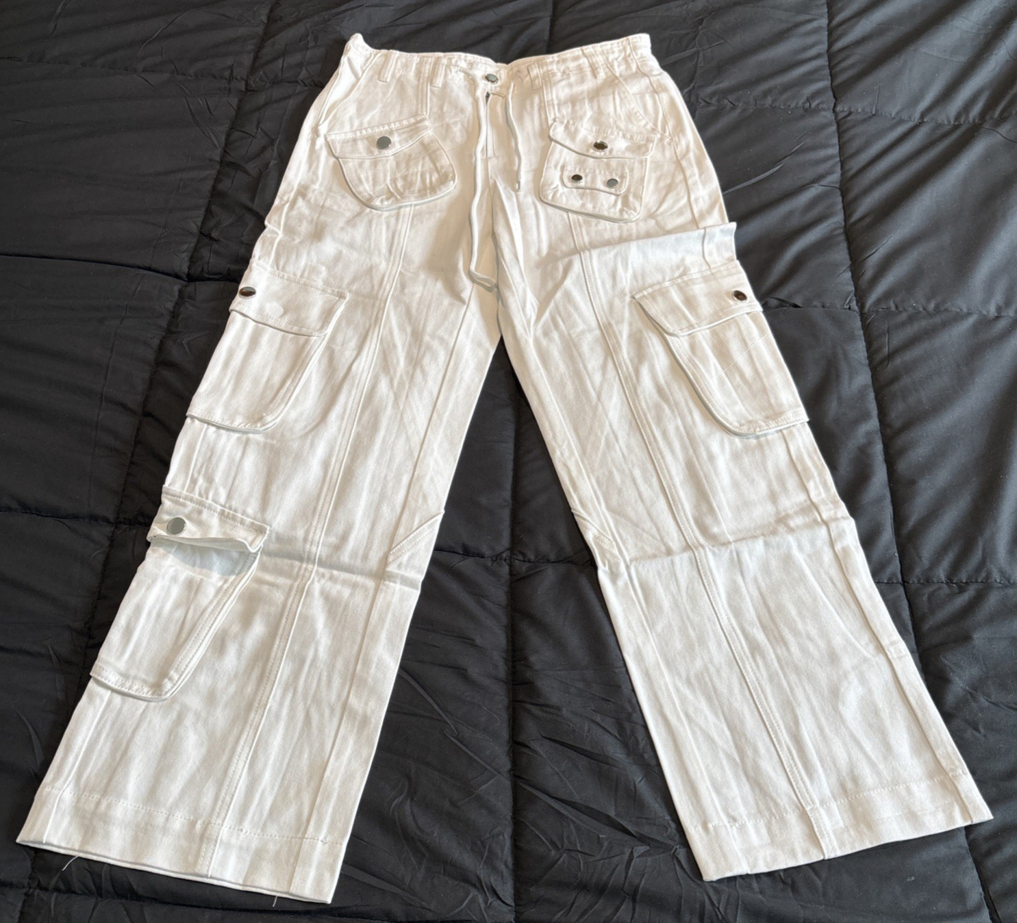 Womens XS Cargo Pants Drawstring Pockets Straight Leg Casual Pants White NWT
