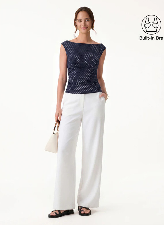 OGL Stretch Cotton Polka Dot Boatneck Ruched Bra Top Limited Edition, Navy/White
